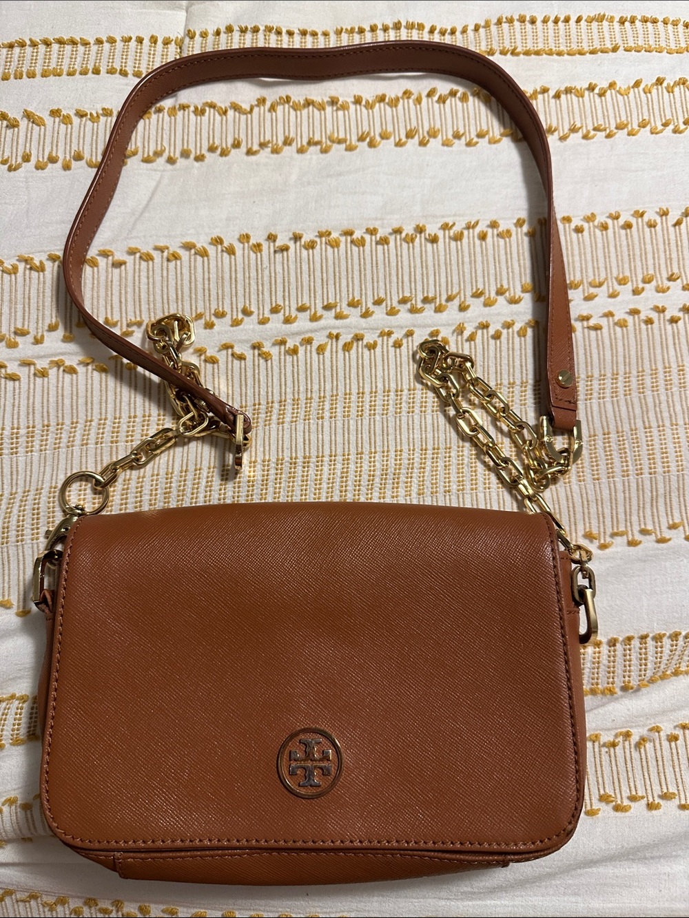 Tory Burch Tan Leather Crossbody with Gold Chain Strap